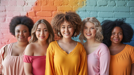 Diverse group of women, of different ethnicities and different body types, feel strong and confident in themselves. Body positive, diversity and acceptance concept.