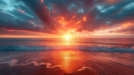 Poster Seascape landscape of ocean with waves at sunrise . © Barosanu