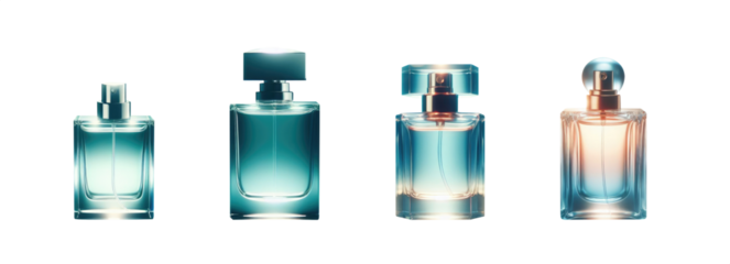 Perfume bottle set. Teal glass bottle. Deodorant in a glass bottle. Premium pen tool cutout. Transparent background PNG. Cologne bottle. Teal Perfume. Blue teal flask