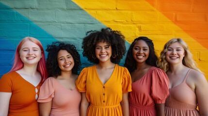Diverse group of women, of different ethnicities and different body types, feel strong and confident in themselves. Body positive, diversity and acceptance concept. - obrazy, fototapety, plakaty