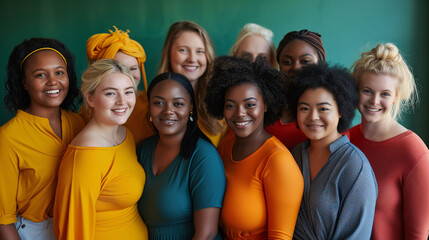 Diverse group of women, of different ethnicities and different body types, feel strong and confident in themselves. Body positive, diversity and acceptance concept.