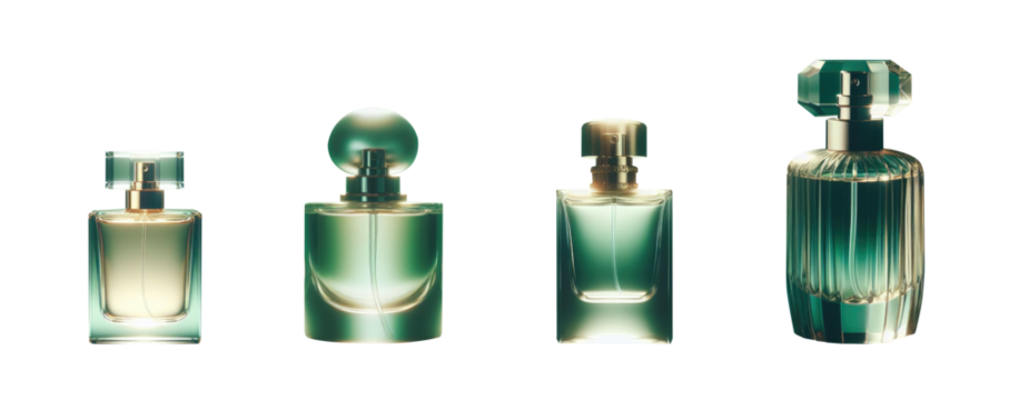 Perfume bottle set. Green glass bottle. Deodorant in a glass bottle. Premium pen tool cutout. Transparent background PNG. Cologne bottle. Green Perfume. Green flask