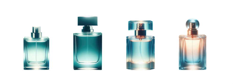 Perfume bottle set. Teal glass bottle. Deodorant in a glass bottle. Premium pen tool cutout. Transparent background PNG. Cologne bottle. Teal Perfume. Blue teal flask - Powered by Adobe