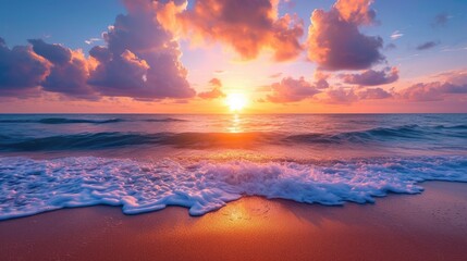 Naklejka na ściany i meble Seascape landscape of ocean with waves at sunrise .