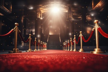 Red carpet rolling out in front of glamorous movie Presentation, Red carpet with red carpet in luxury hotel. 3D Rendering, AI generated