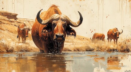 A majestic bovine stands stoically in the serene waters, its powerful horns reflecting the strength and resilience of this magnificent creature