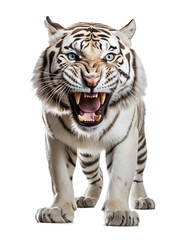 Aggressive white tiger with open mouth and visible fangs