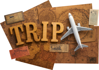 Composition with the word TRIP in wood letterpress characters over an antique world map