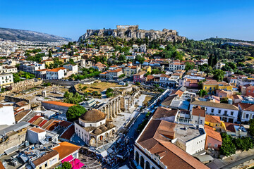 Partial, aerial view of the historical center of Athens, Greece. From front to back you can see,...