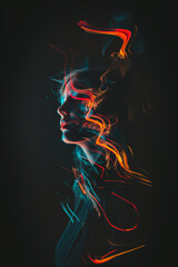 a colorful portrait of a woman dreaming. represented in bright vibrant colors painted with light exposure around their head. over a dark background