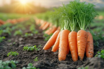 A vibrant community of earthy carrots bask in the sunshine, embodying the wholesome and nourishing essence of natural produce and plant-based nutrition