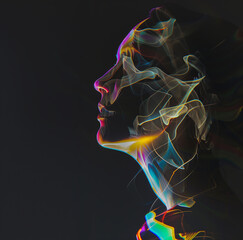 abstract smoke and color floats around a woman's face over a dark background
