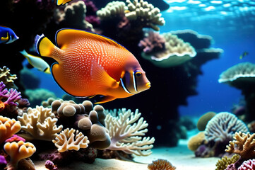 Fototapeta na wymiar bright coral fish swim among colorful corals in the sea, ocean.