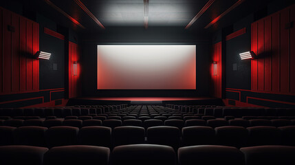 Fototapeta premium Cinema interior with seats and white screen. Movie theater room with chairs.