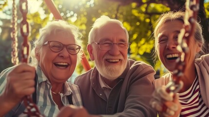Laughing Elderly Couple On Swing Set With A Young Woman Enjoying A Sunlit Joyful Moment Together.