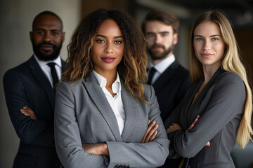 Team of executives of different races and genders posing for the camera as a symbol of equality and diversity.