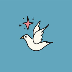 Cute dove hand drawn, cartoon. Unique illustration in boho style. Ideal for poster or card template, fashion t-shirt design.