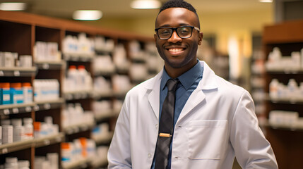 Fototapeta na wymiar Black Male Pharmacist Standing In A Pharmacy