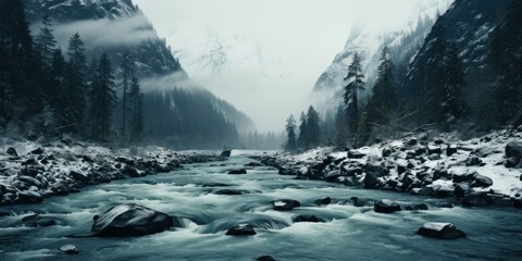 Snow-covered rocks in a river with foggy forest mountains