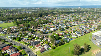 Drone aerial photograph of houses and parklands in the suburb of Werrington County in the greater Sydney region on New South Wales in Australia