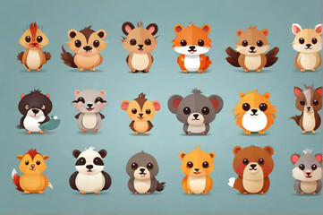 flat logo of vector cute animal cartoon vector icon set illustration, animal cartoon icon collection. set of animals.