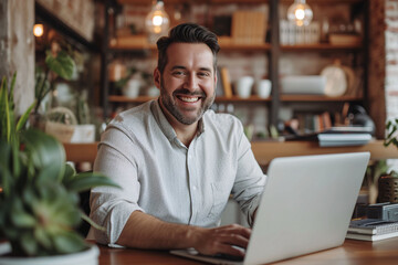 Obraz premium Man working with laptop at home. Teleworking concept, work conciliation.