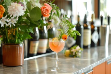 Floral Aperol Spritz Sparkles Invitingly Atop Sleek Bar Counter. Сoncept Festive Cocktails, Colorful Drinks, Bar Counter, Aperol Spritz, Floral Sparkles