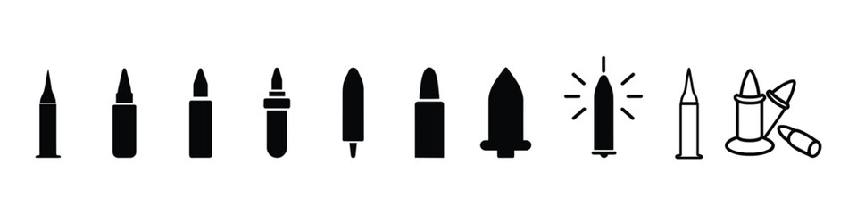 Bullet icon, Weapon ammo icon, Cartridges icons vector set.  Bullets silhouette, speeding bullet icon, bullet line icon - obrazy, fototapety, plakaty