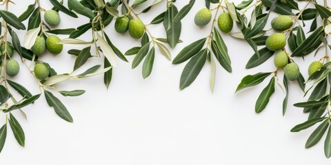 Fototapeta premium Olive Tree Branch With Green Olives And Leaves On White Background. Сoncept Mediterranean Cuisine, Healthy Snacks, Olive Oil Production, Olive Garden Decor, Cooking With Olives