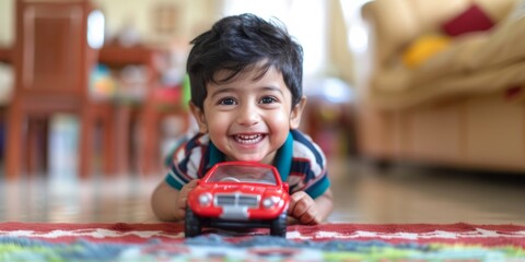 Delighted Indian Child Finds Happiness Playing At Home With Toy Car. Сoncept Indian Festivals, Traditional Dances, Vibrant Sarees, Delicious Indian Cuisine