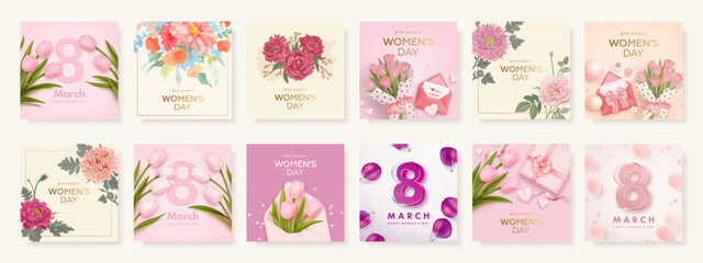 Fototapeta premium International women's day square banner or greeting card design template set with realistic tulips, envelope, petals. Festive elegant background. Vector illustration