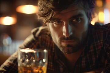 Man Takes A Stand Against Alcohol Addiction By Refusing Whiskey Drink. Сoncept Mental Health Awareness, Overcoming Addiction, Personal Strength, Resisting Temptation, Choosing Sobriety