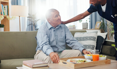 Senior, woman and nurse or breakfast with support, conversation and caregiver in living room of...