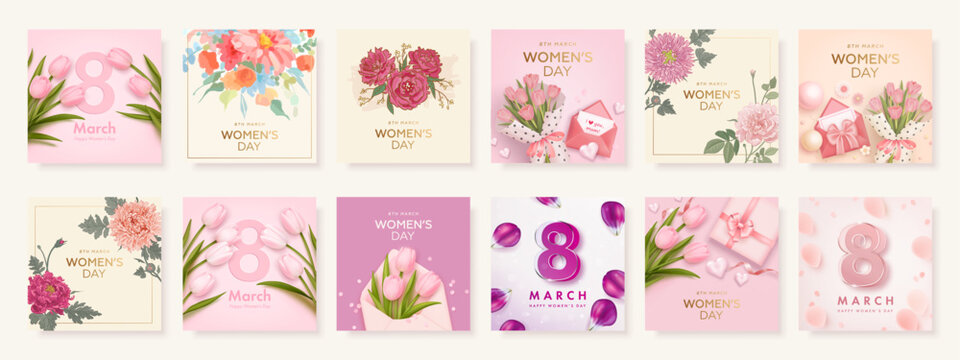 International women's day square banner or greeting card design template set with realistic tulips, envelope, petals. Festive elegant background. Vector illustration