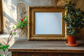 Mockup Of Empty Horizontal Picture Frame On Wooden Table With Mediterranean Interior. Сoncept Home Decor, Interior Design, Mediterranean Style, Picture Frames, Mockups
