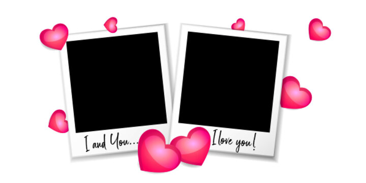 Love concept in modern retro style. Polaroids with empty space and volumetric hearts on a white background.