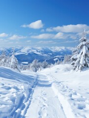 Fototapeta na wymiar Snowy mountain trail with pine trees and a distant lake view