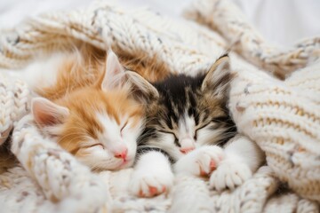 Two Adorable Sleepy Kittens Cuddle On Soft, White Blanket