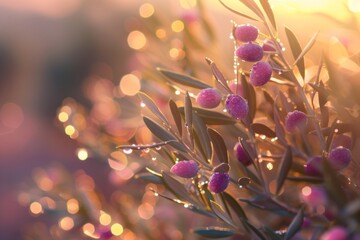 The Evening Light Brings A Radiant Glow To Dew-Kissed Olives. Сoncept Sunset Silhouettes, Nature's Beauty, Serene Landscapes