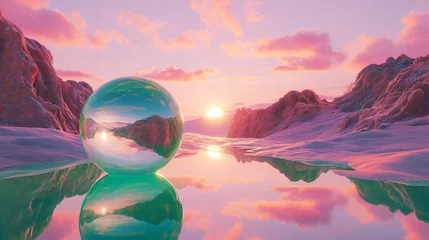 Fototapeten Surreal vaporwave scene with golden ball on the landscape with mountains and sea. 90s styled abstract surreal pink composition. © swillklitch