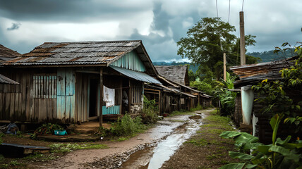 Fototapeta na wymiar Rural village path with tin-roofed houses, representing poverty, rural life, simplicity, and resilience.