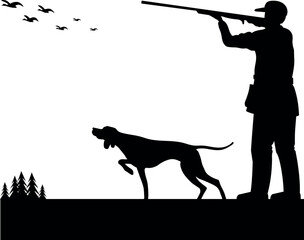 Silhouette of a hunter with a gun and a hunting dog. Vector illustration in flat style.