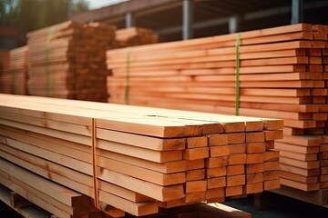 Solid wood deck board stack for construction and finishing works - obrazy, fototapety, plakaty