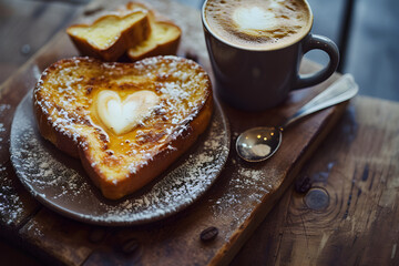 design for cafe ad, coffee and a french toast. restaurant or cafe menu. minimalistic. Pastry. white background. horizontal. fresh morning. copy space. 