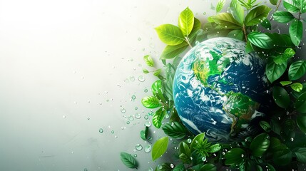 Vibrant Earth with Lush Greenery and Fresh Water Droplets on a Clean Background - Symbol of Earth Day