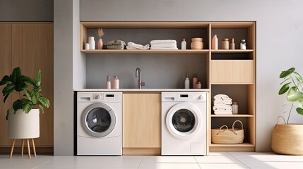 Modern laundry room interior, front-loading washing machine, organized shelves with essentials in background