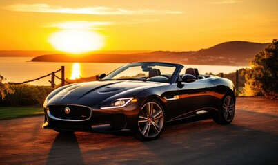 Fototapeta na wymiar Black Sports Car Parked in Front of a Sunset