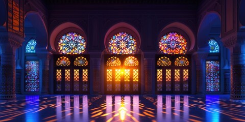 Islamic holiday banner with ramadan lanterns at night, Cute mosque and lantern displayed on stages with glowing light in the evening. 3d illustration - obrazy, fototapety, plakaty