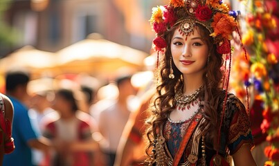Woman in Costume With Floral Headpiece
