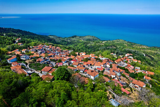 Karitsa village at the eastern slopes of Kissavos mountain offering beautiful views of the Aegean Sea. Municipality of Agia, Larissa, Thessaly, Greece